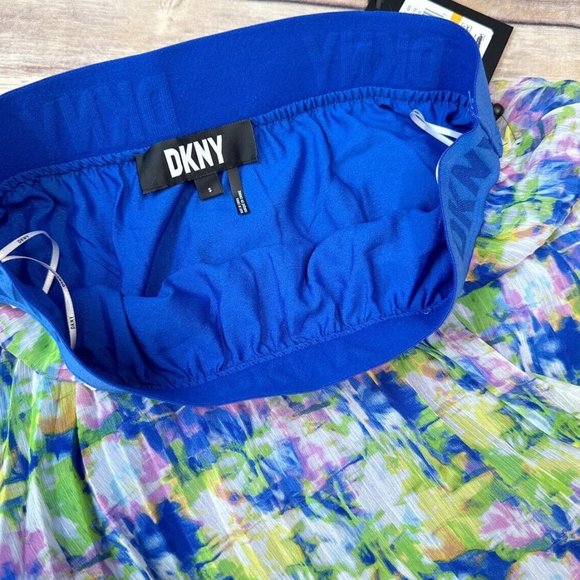 DKNY Womens Floral Printed Pull On Midi Pleated Skirt  Logo Waist Band Blue S - Picture 4 of 5